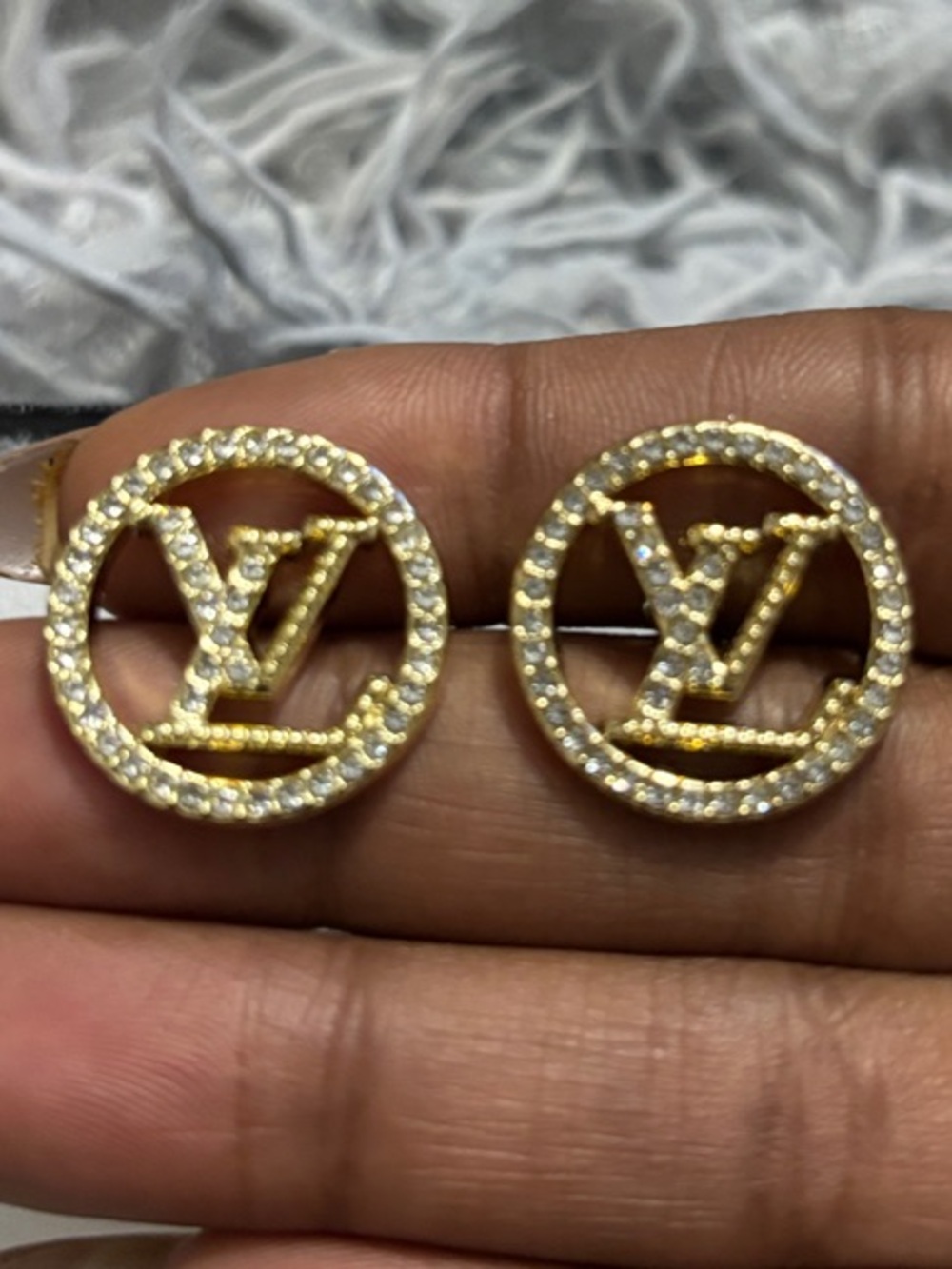 Gold Crystal Logo Circle Stud Earrings - Designer Inspired